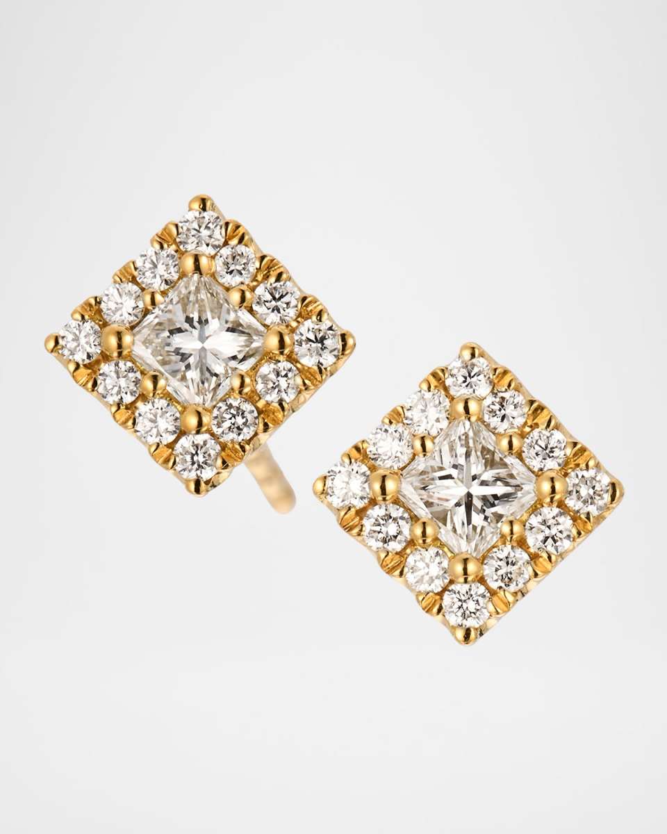 18K Yellow Gold Square Diamond Pave Stud Earrings